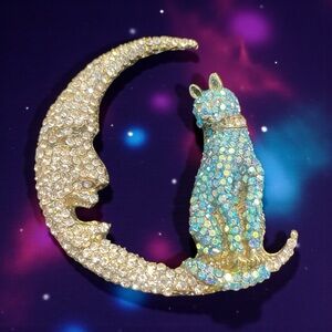 Sparkling Gold, Silver & A/B Rhinestone Cat and Moon Brooch